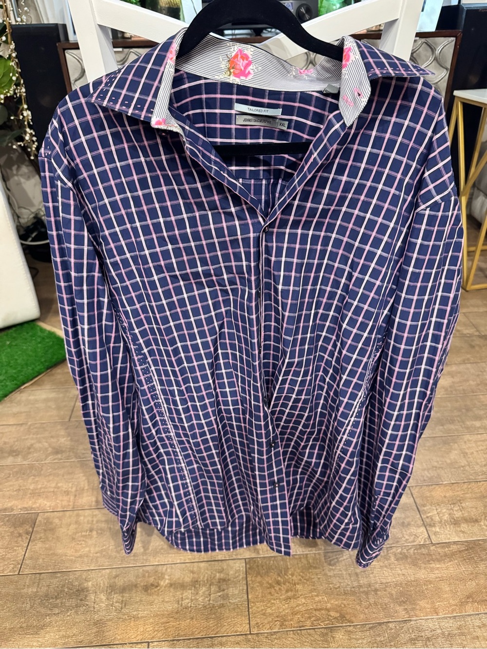 Johnston & Murphy Navy and Pink Windowpane Button-Down Shirt
